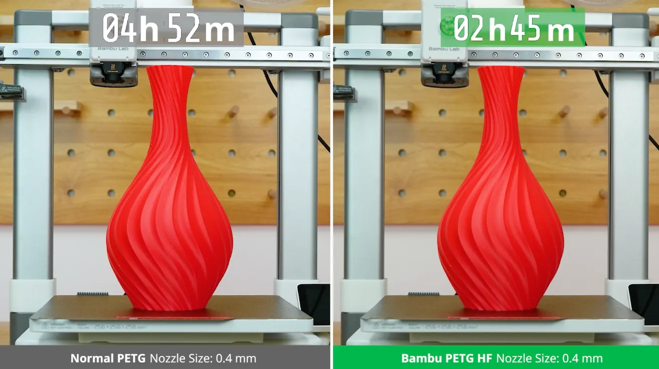 Side-by-side comparison of red spiral vase printed with Normal PETG and Bambu PETG HF filament using a 0.4 mm nozzle, showing reduced print time with High Flow PETG.