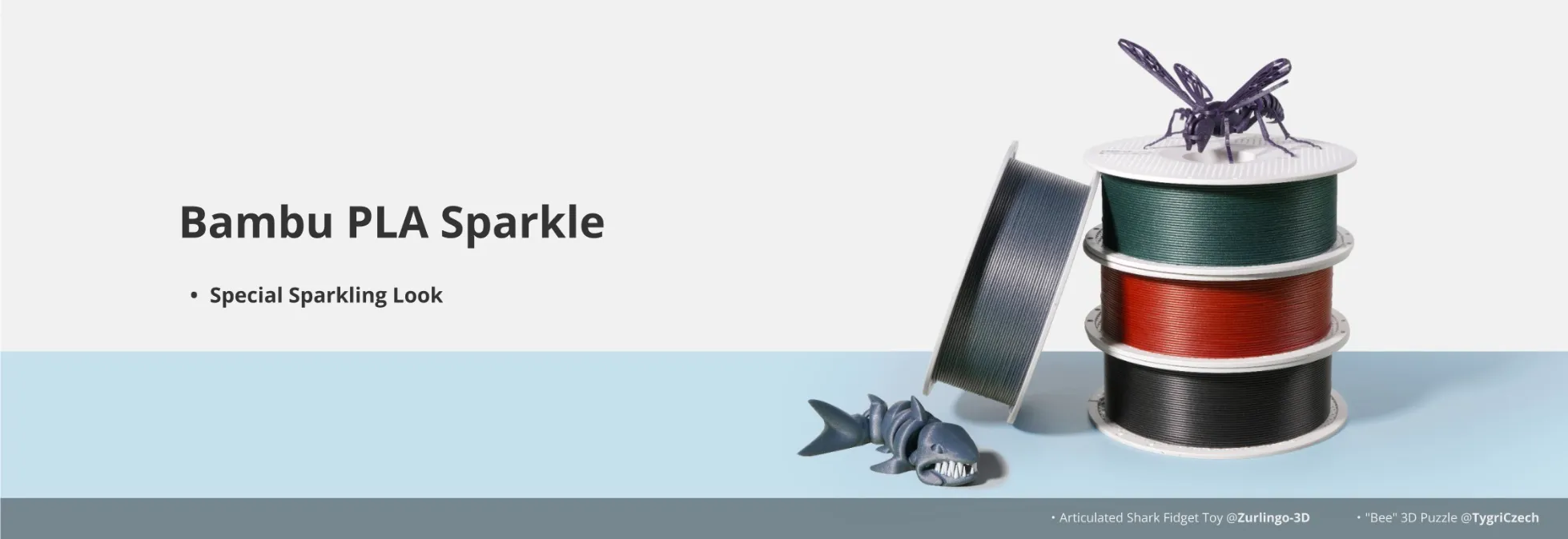 Bambu PLA Spark filament spools with sparkle finish used for decorative 3D printing models