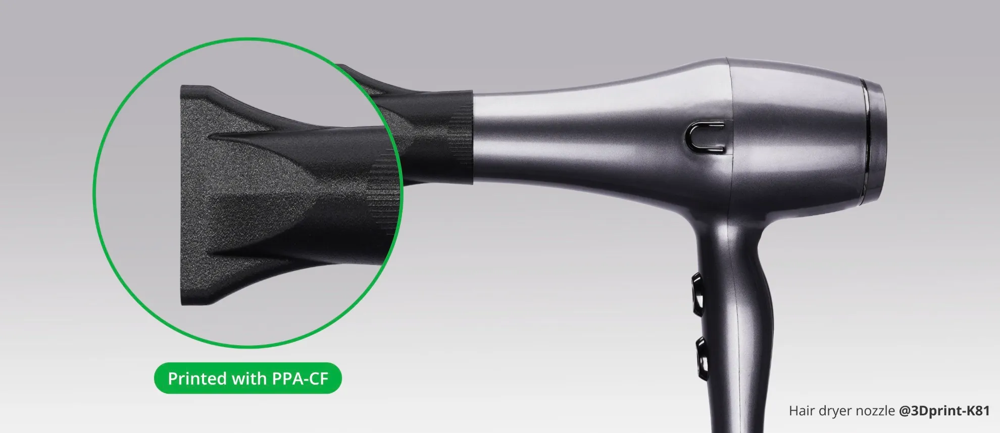 Hair dryer nozzle 3D printed using Bambu PPA-CF Black Filament carbon fiber reinforced 3D printing filament Color Code 73100