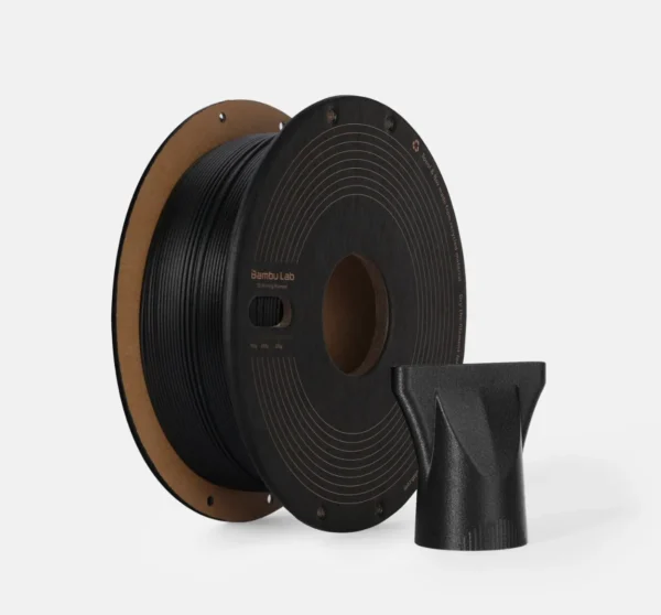 Bambu PPA-CF Black Filament Spool and 3D Printed Part – Carbon Fiber Filament 73100 Bambu Lab PPA-CF Black Filament spool with 3D printed component made using carbon fiber reinforced 3D printing filament Color Code 73100
