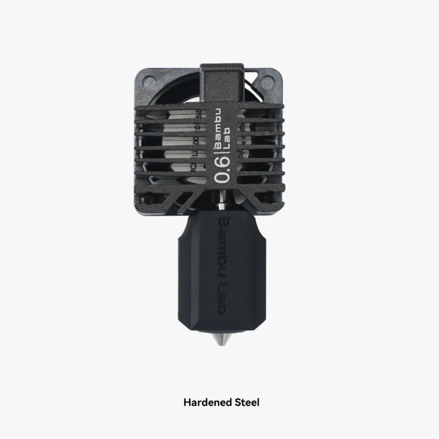 Bambu Lab X1C complete hotend with 0.6mm hardened steel nozzle front view