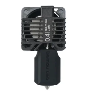 close up of Bambu X1E hotend with 0.4mm hardened steel nozzle showing heatsink and nozzle tip