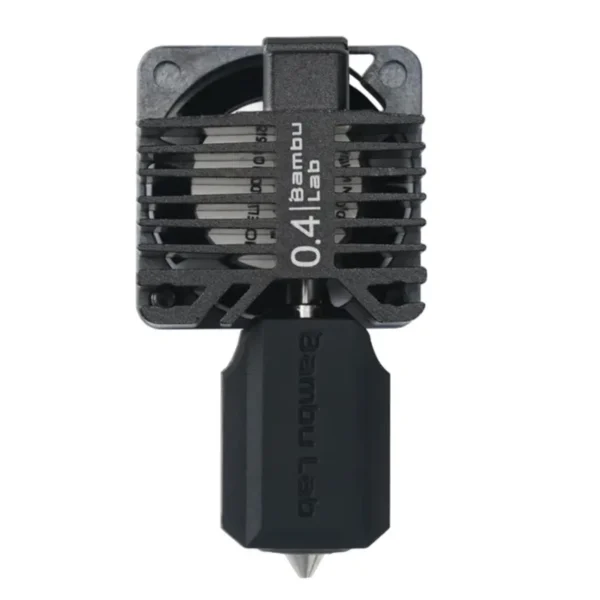 Bambu X1E Hotend 0.4mm Hardened Steel Nozzle Close-Up close up of Bambu X1E hotend with 0.4mm hardened steel nozzle showing heatsink and nozzle tip