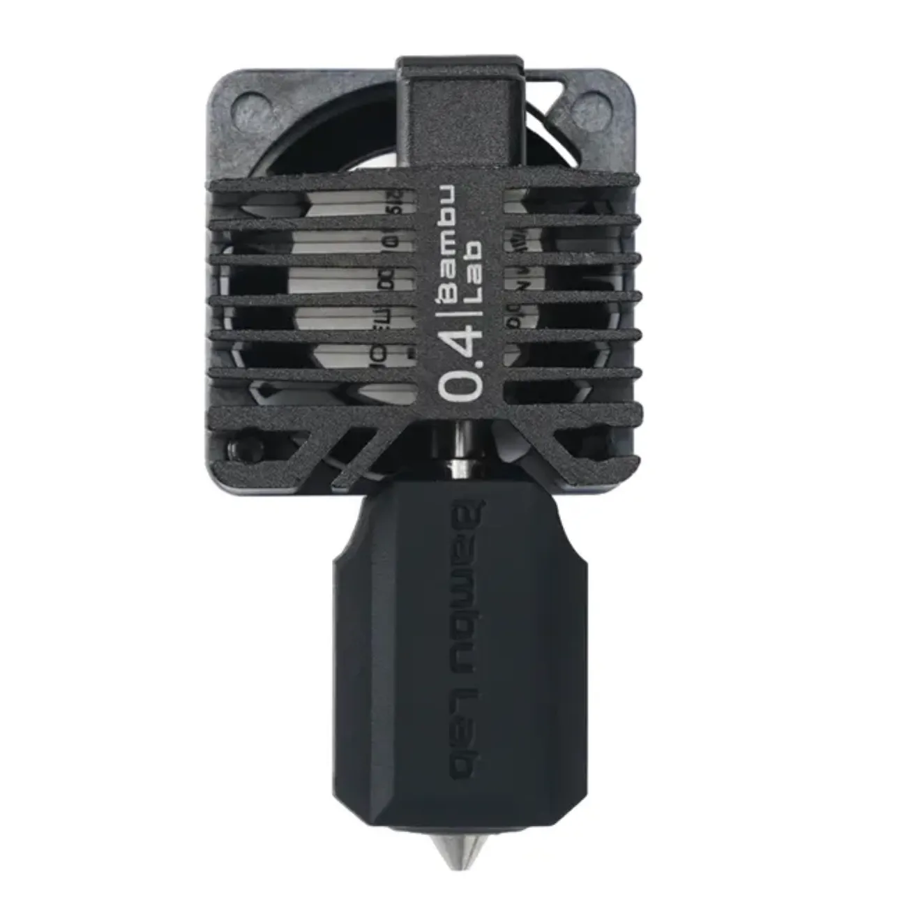 close up of Bambu X1E hotend with 0.4mm hardened steel nozzle showing heatsink and nozzle tip