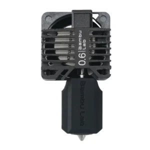 close up of Bambu X1E hotend with 0.6mm hardened steel nozzle showing heatsink and nozzle tip