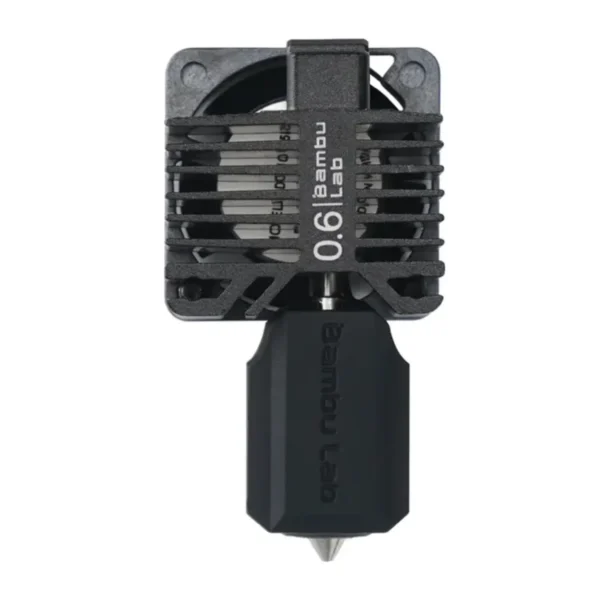 Bambu X1E Hotend 0.6mm Hardened Steel Nozzle Close-Up close up of Bambu X1E hotend with 0.6mm hardened steel nozzle showing heatsink and nozzle tip