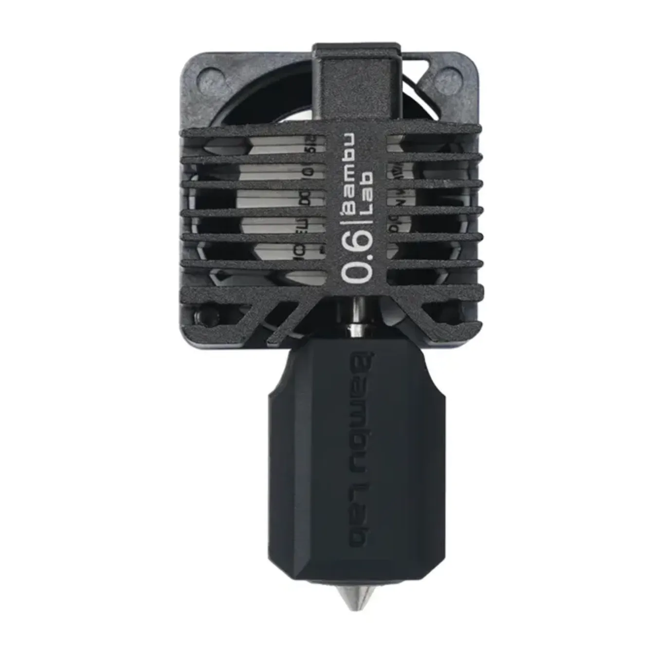 close up of Bambu X1E hotend with 0.6mm hardened steel nozzle showing heatsink and nozzle tip