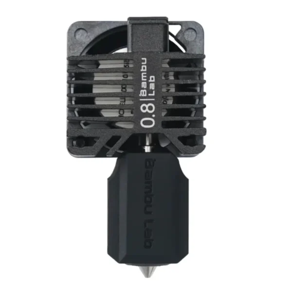 close up of Bambu X1E hotend with 0.8mm hardened steel nozzle showing heatsink and nozzle tip