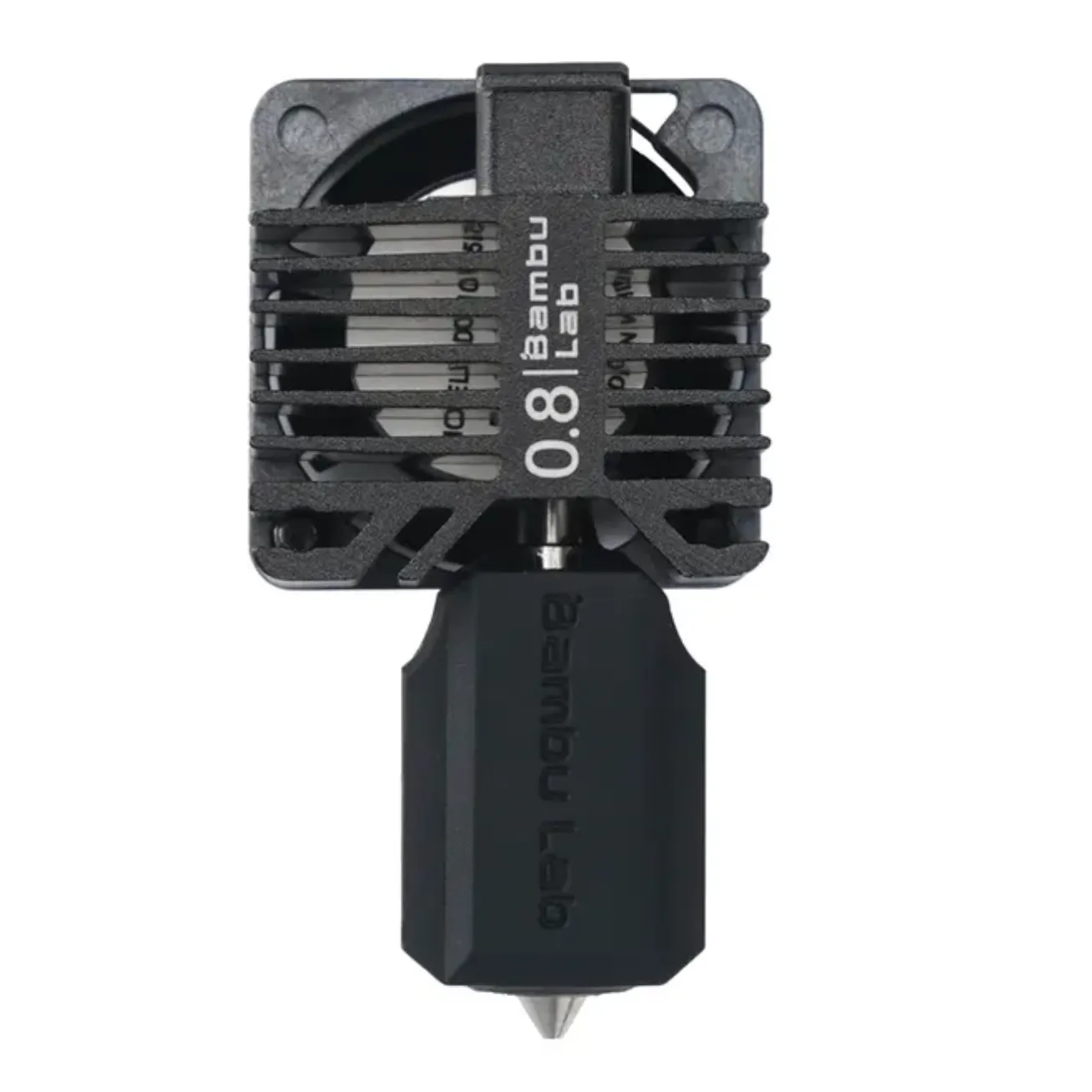 close up of Bambu X1E hotend with 0.8mm hardened steel nozzle showing heatsink and nozzle tip