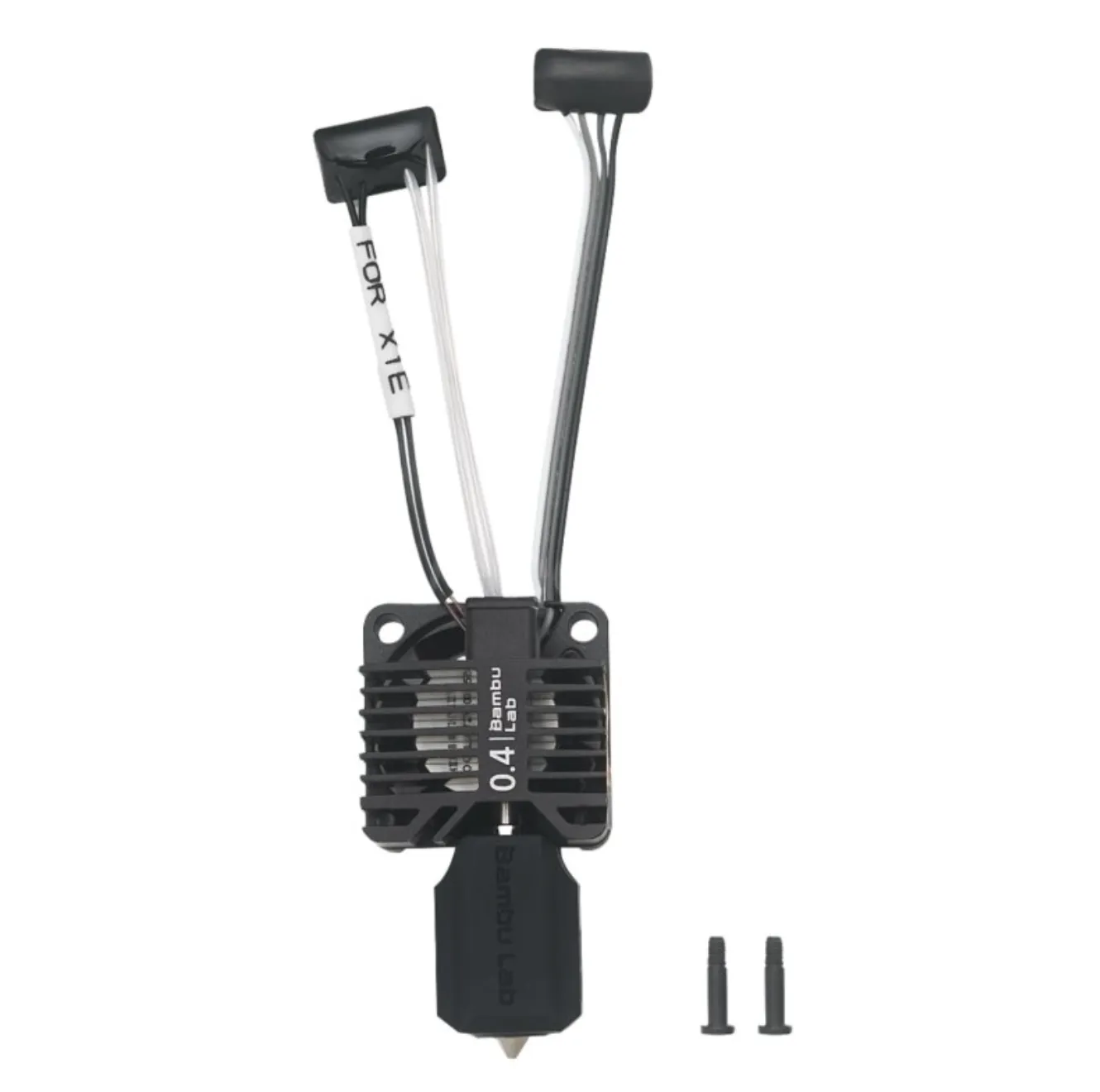 Bambu X1E complete hotend assembly with 0.4mm hardened steel nozzle front view with cables and mounting screws