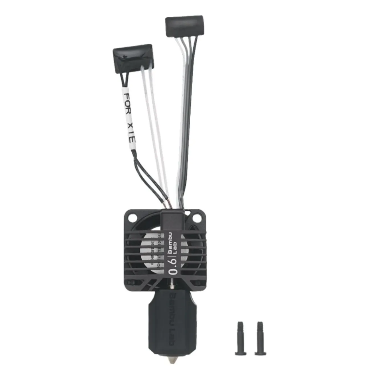 Bambu X1E complete hotend assembly with 0.6mm hardened steel nozzle front view with cables and mounting screws