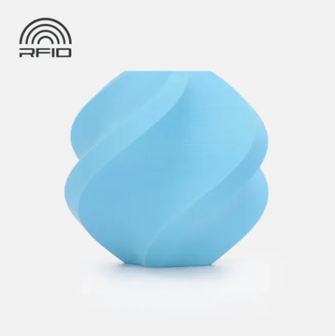 Spiral geometric 3D printed sample in matte sky blue with smooth curved surface and subtle layer lines