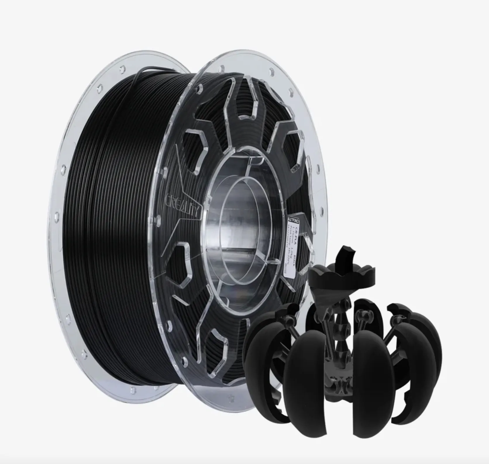 Creality CR-PLA Carbon Black filament 1.75mm 1kg spool with black 3D printed mechanical object