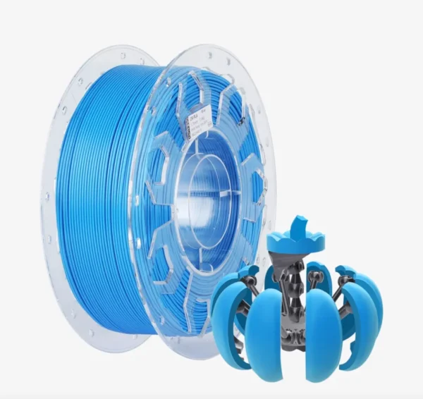 Creality CR-PLA Carbon Blue filament spool 1.75mm 1kg next to blue 3D printed mechanical model