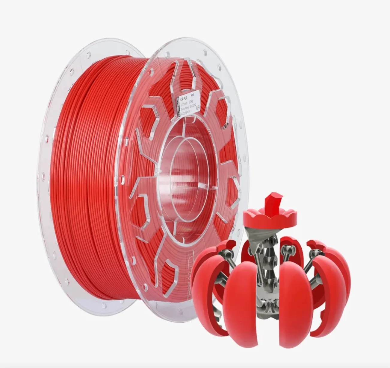 Creality CR-PLA Carbon Red filament 1.75mm 1kg spool next to red 3D printed mechanical model