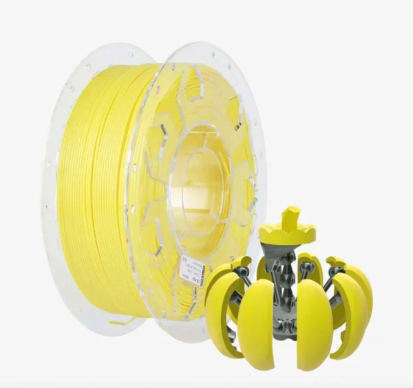 Creality CR PLA Carbon Yellow filament spool with yellow 3D printed object in front