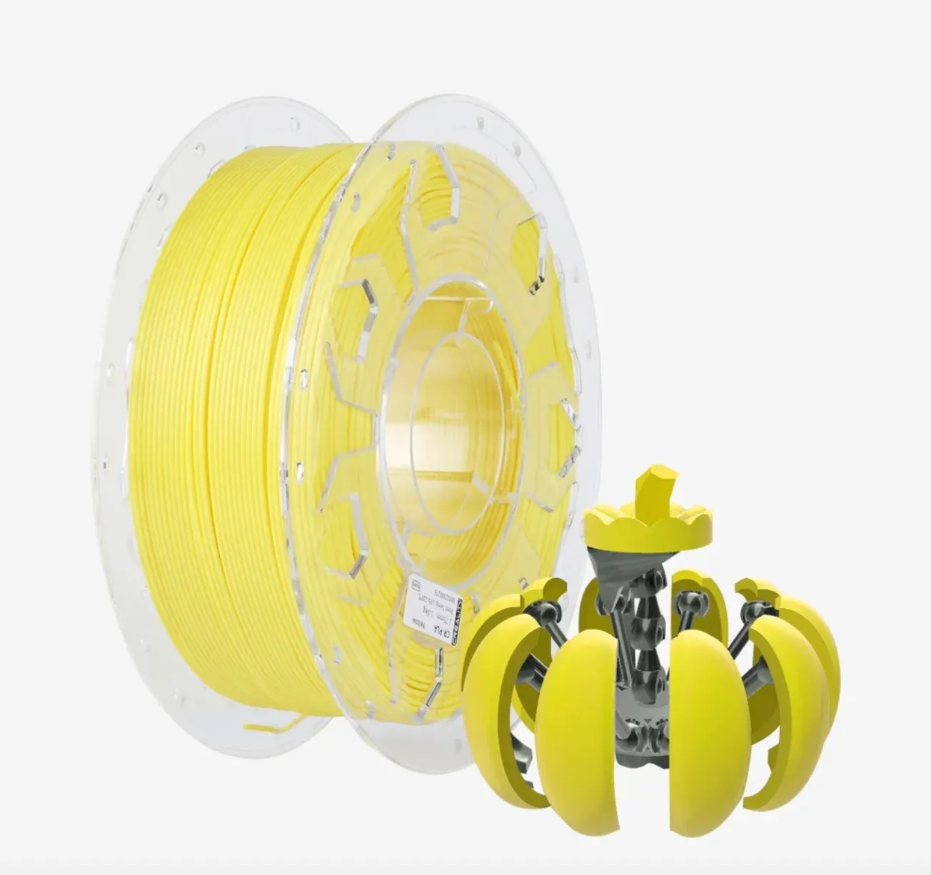 Creality CR PLA Carbon Yellow filament spool with yellow 3D printed object in front