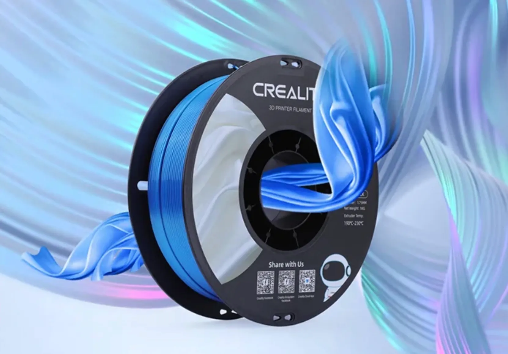 blue CR-PLA Silk filament spool with flowing ribbon effect representing smooth printing
