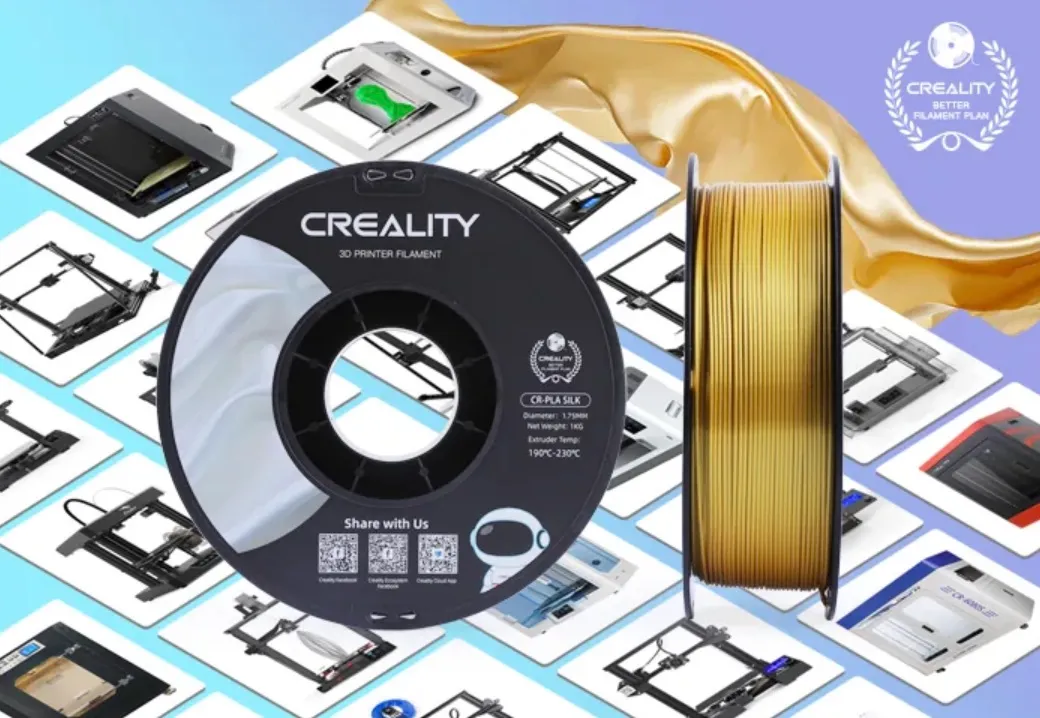 CR-PLA Silk filament spool with multiple 3D printer models showing wide compatibility