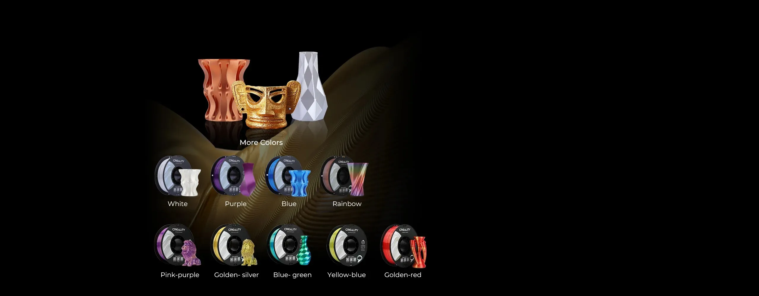 CR-PLA Silk filament color options including white purple blue rainbow and gradient colors