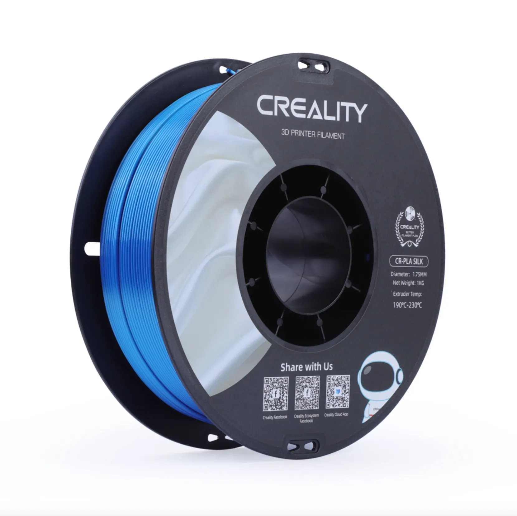 angled view of Creality CR-Silk PLA blue filament spool showing smooth glossy filament winding