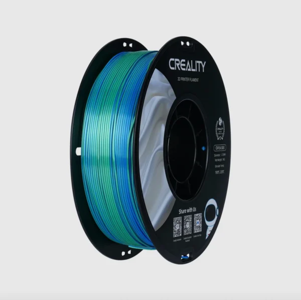 angled view of Creality CR-Silk PLA blue green filament 1.75mm 1kg spool showing dual color filament winding