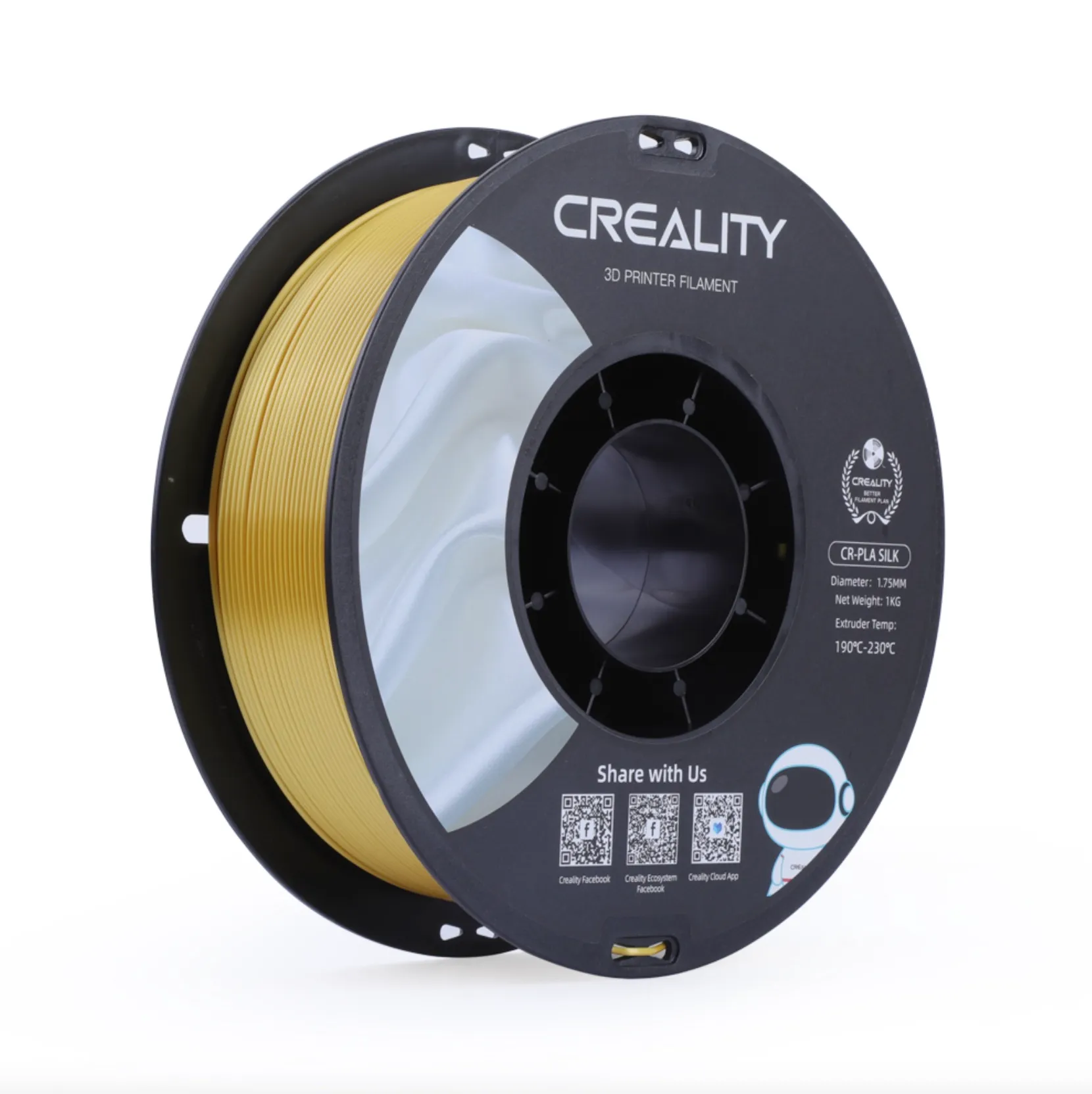 angled view of Creality CR-Silk PLA gold filament 1.75mm 1kg spool showing filament winding