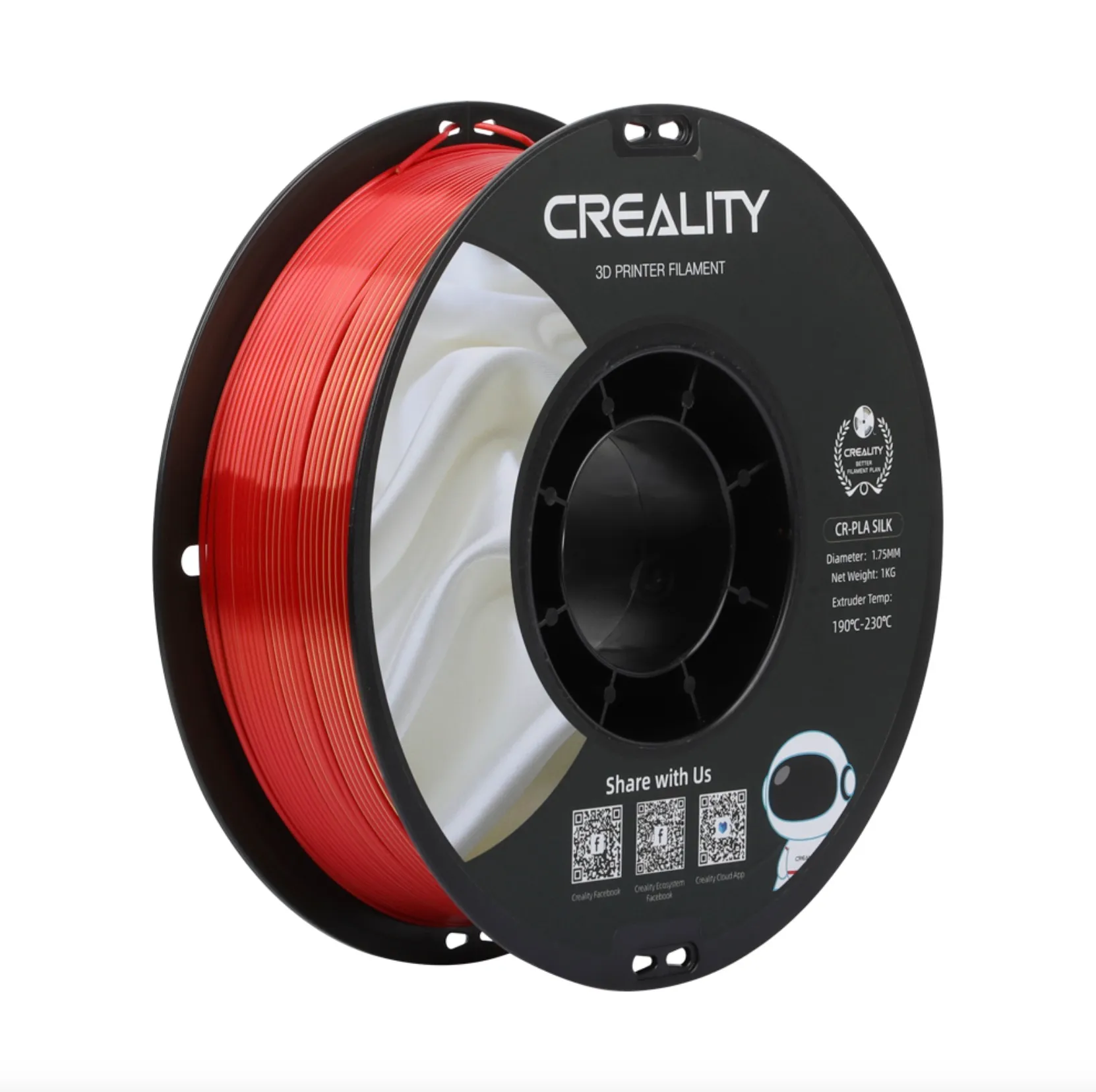 angled view of Creality CR-Silk PLA golden red filament 1.75mm 1kg spool showing filament winding