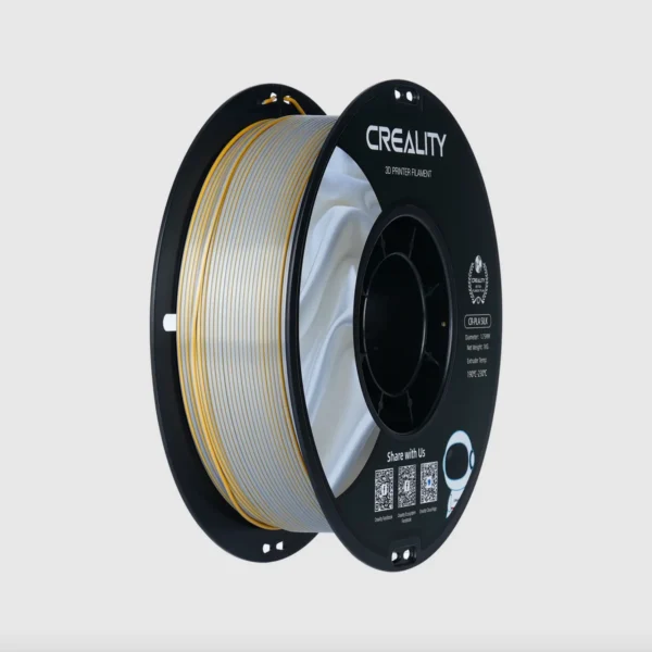 angled view of Creality CR-Silk PLA golden silver filament 1.75mm 1kg spool showing dual color filament winding
