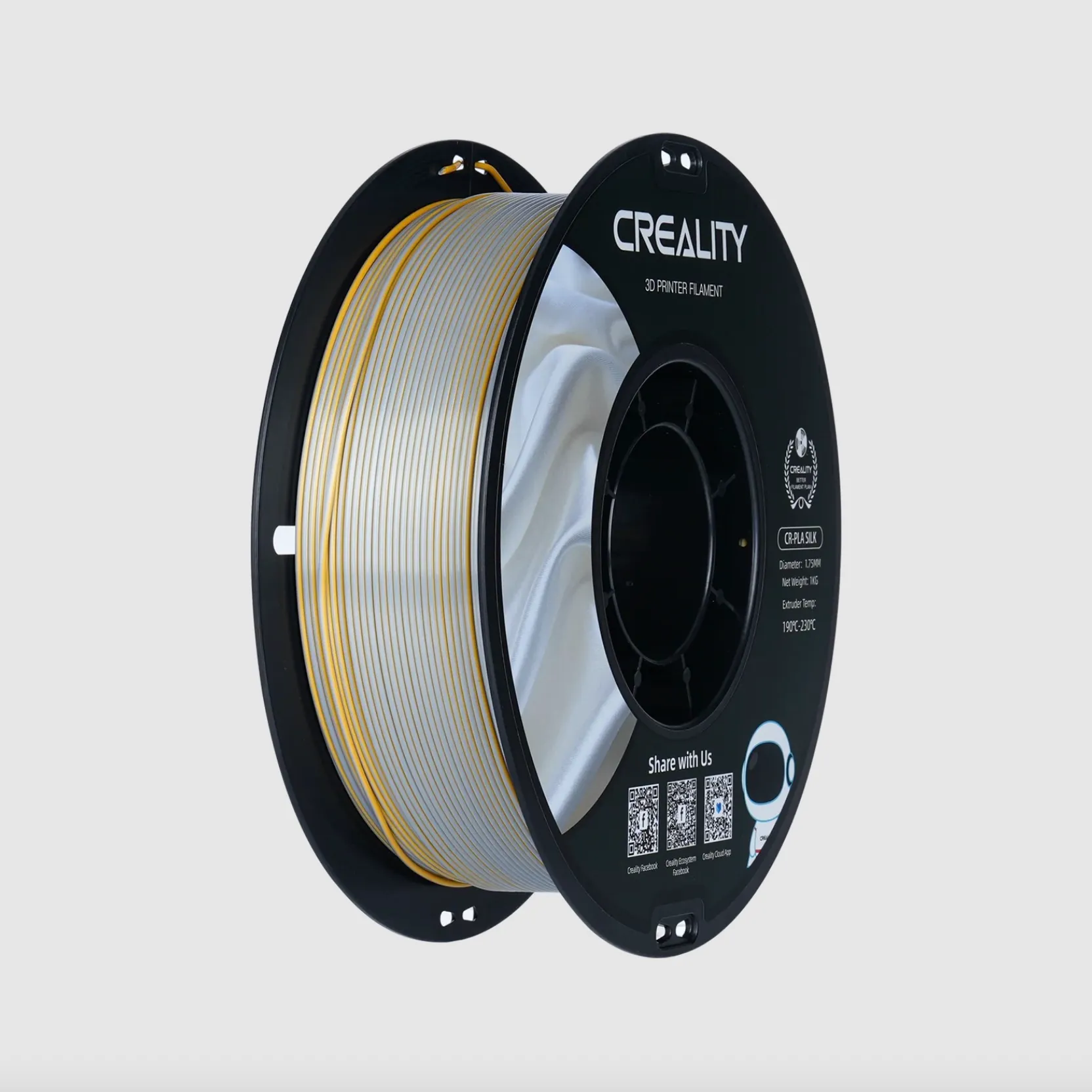 angled view of Creality CR-Silk PLA golden silver filament 1.75mm 1kg spool showing dual color filament winding