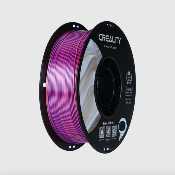 angled view of Creality CR-Silk PLA pink-purple filament 1.75mm 1kg spool showing dual color filament winding