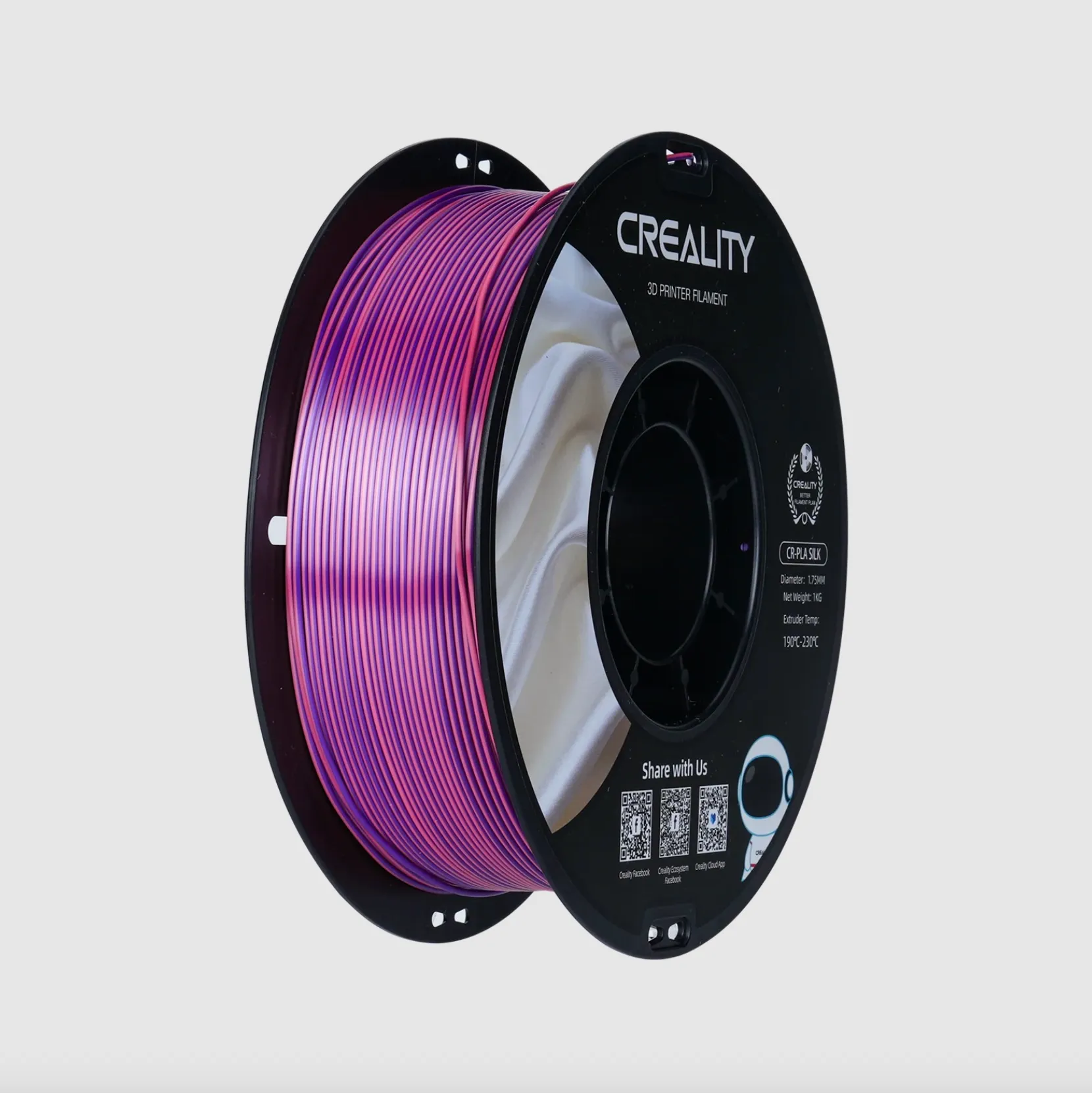 angled view of Creality CR-Silk PLA pink-purple filament 1.75mm 1kg spool showing dual color filament winding