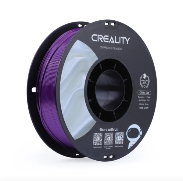 angled view of Creality CR-Silk PLA purple filament 1.75mm 1kg spool showing smooth filament winding