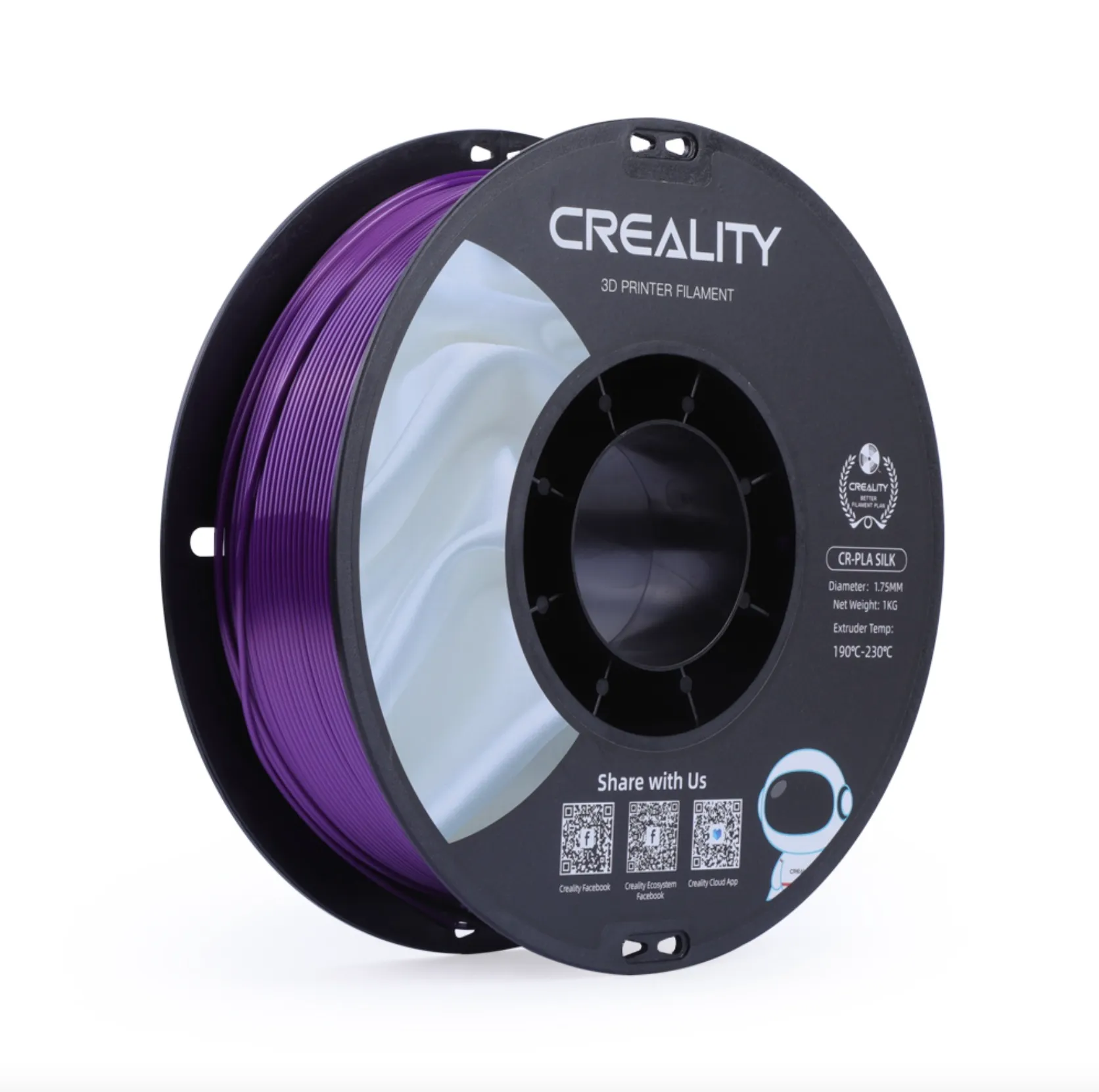 angled view of Creality CR-Silk PLA purple filament 1.75mm 1kg spool showing smooth filament winding