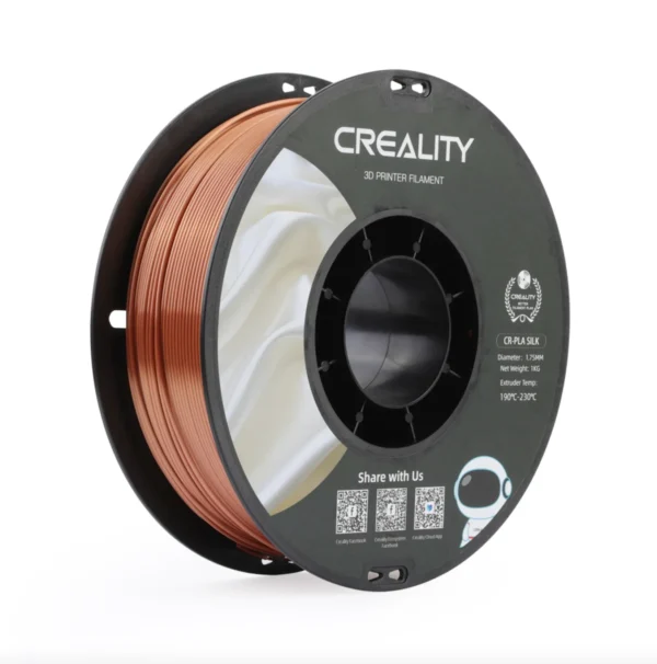 angled view of Creality CR-Silk PLA red copper filament spool showing smooth metallic filament winding