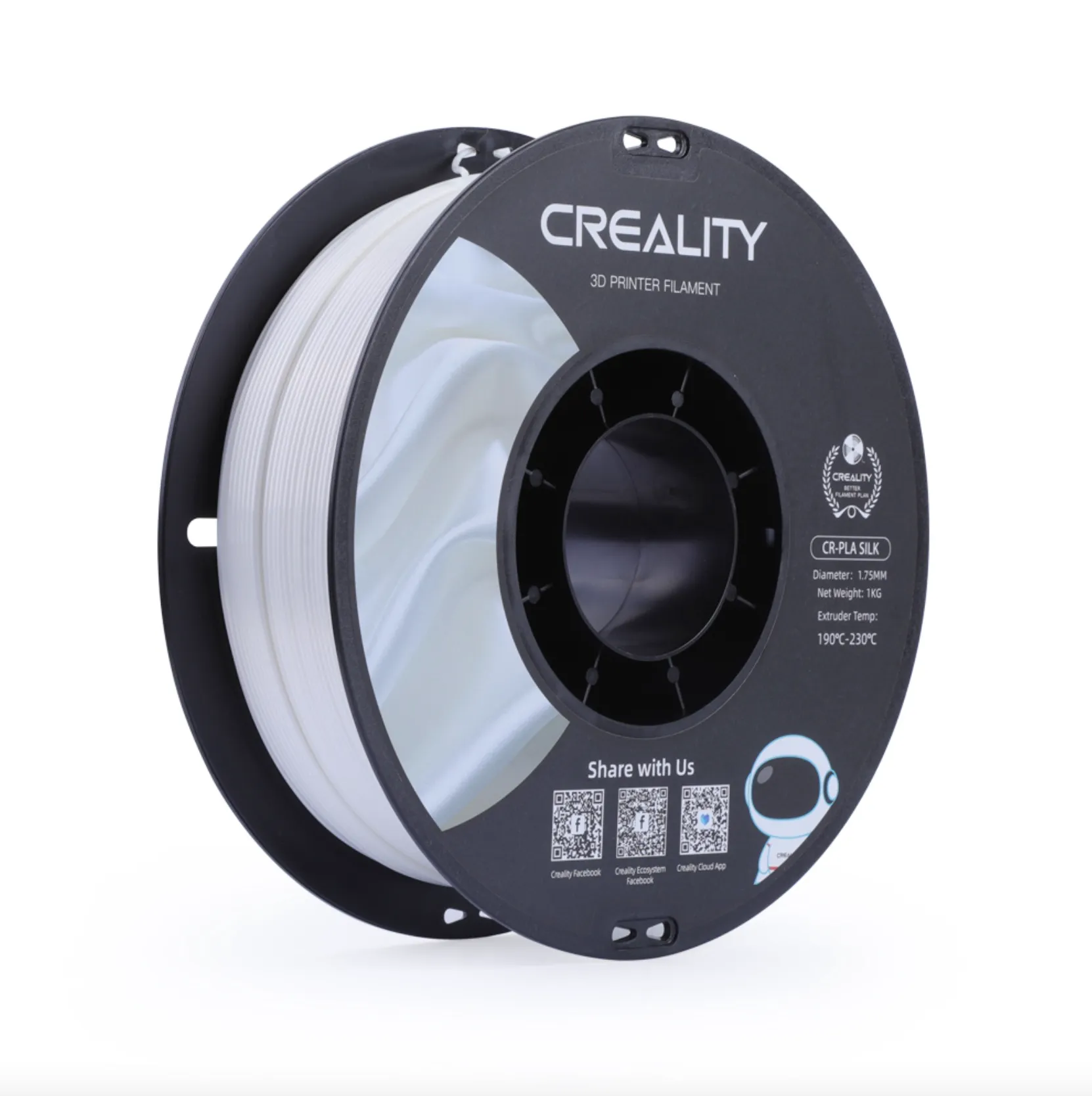 Creality CR-Silk PLA white filament spool 1.75mm 1kg angled view glossy silk finish