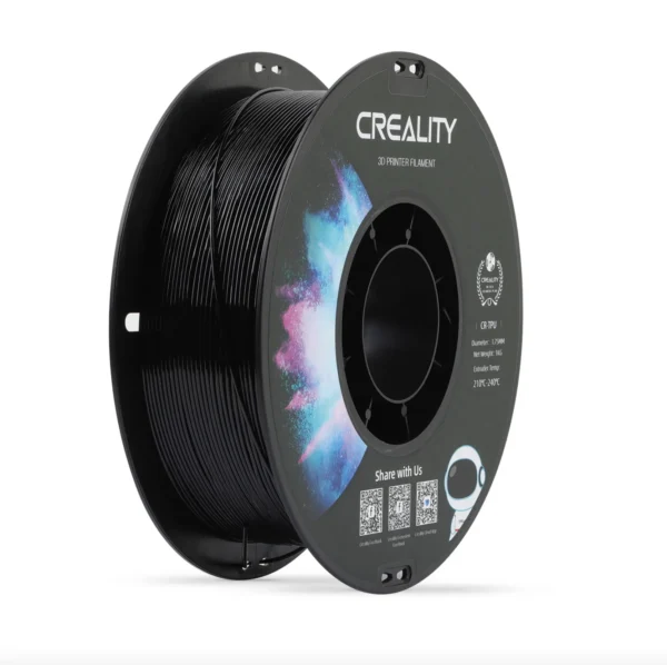 angled view of Creality CR TPU black filament spool showing tightly wound filament and front label details