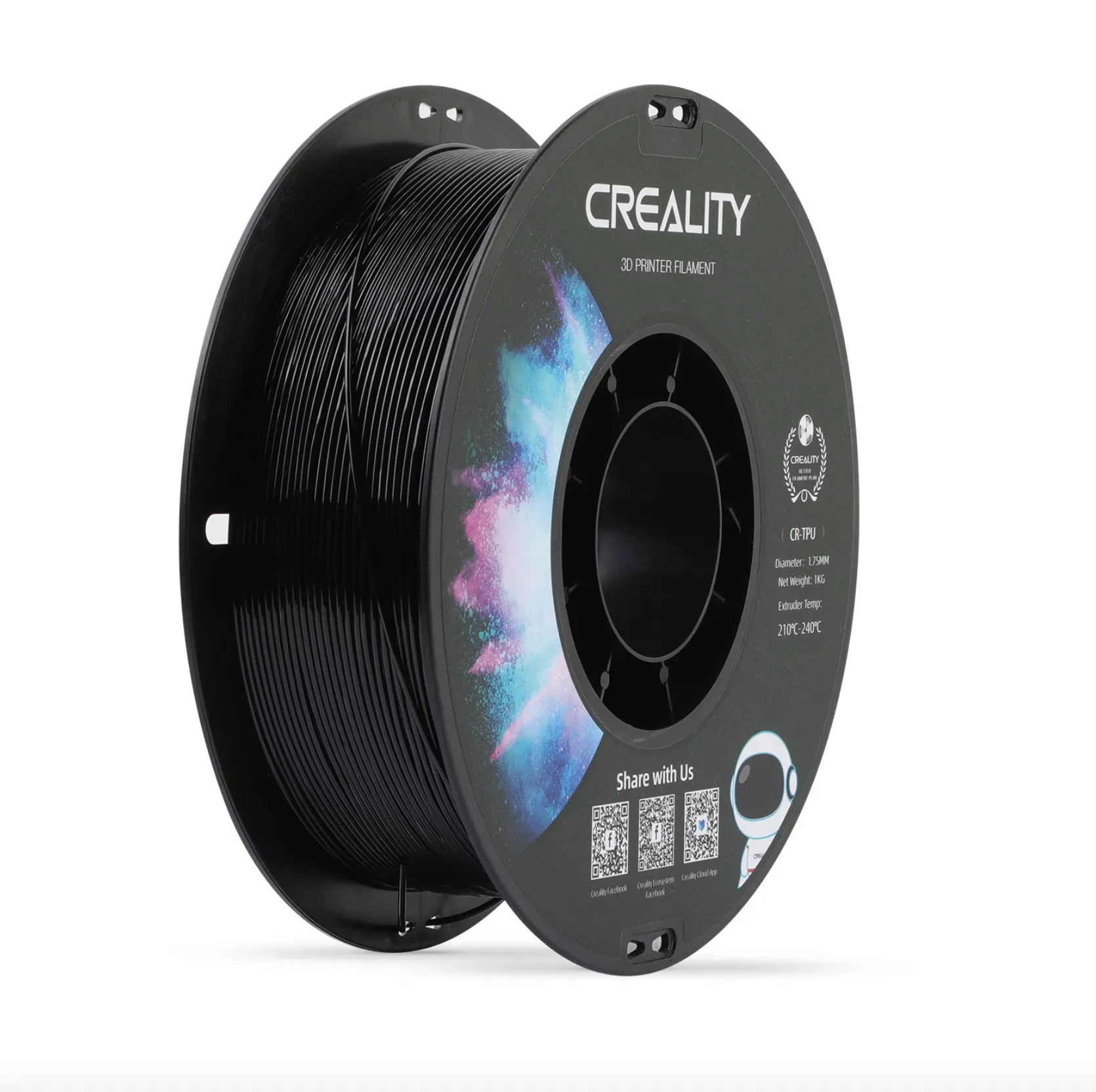 angled view of Creality CR TPU black filament spool showing tightly wound filament and front label details