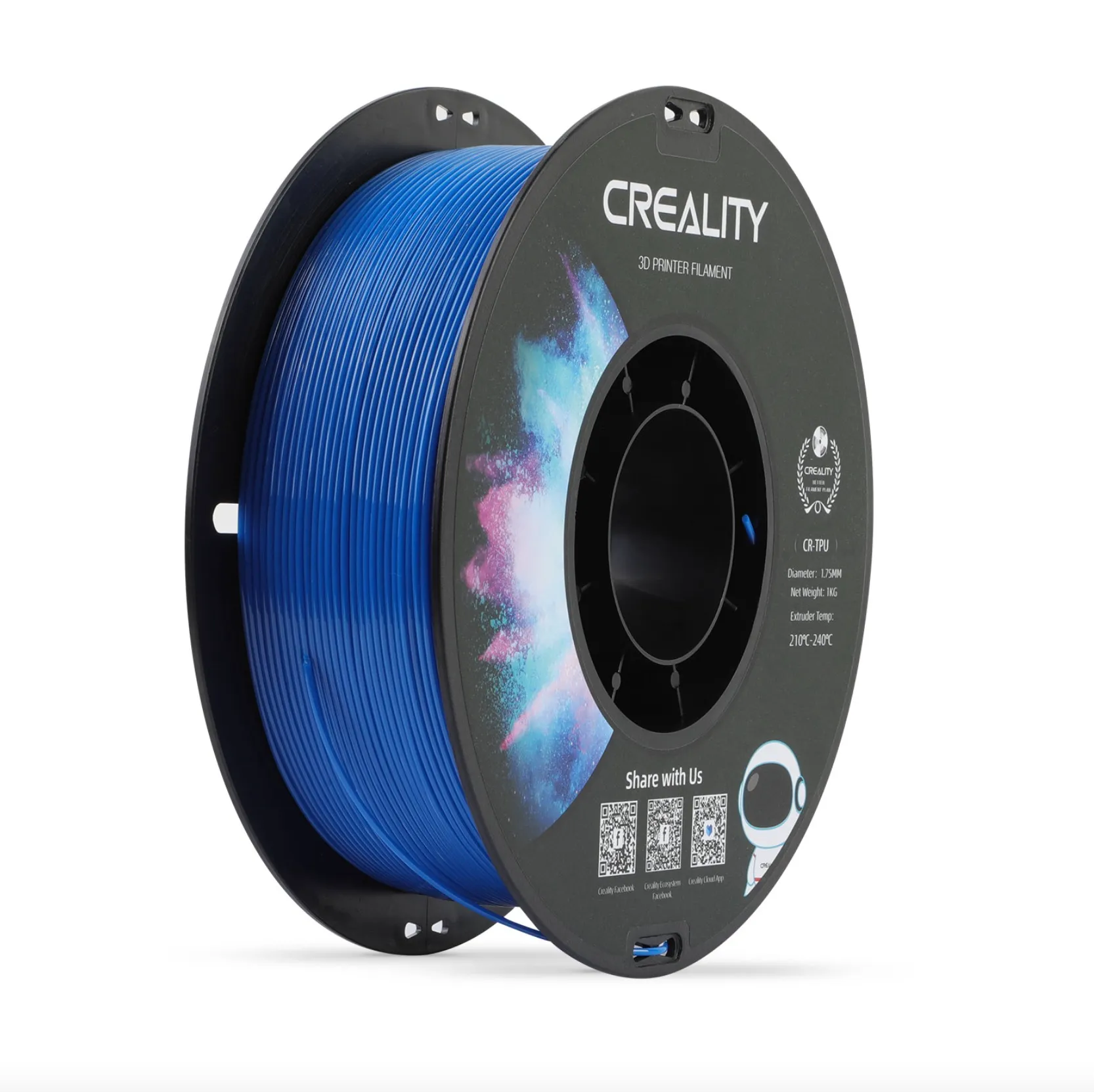 angled view of Creality CR TPU blue filament spool showing tightly wound filament and spool structure