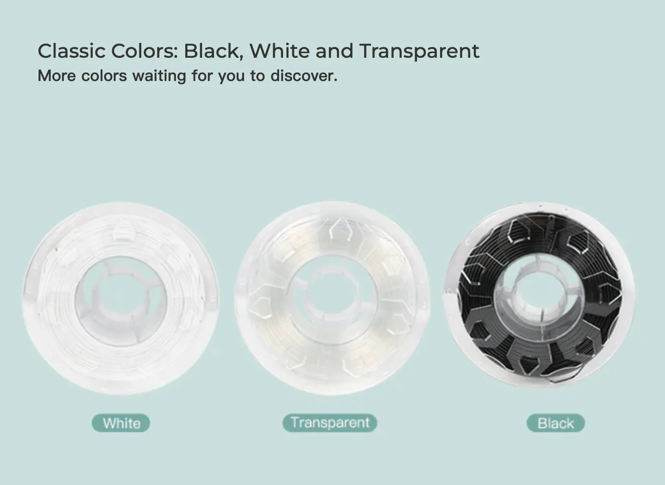 Creality CR TPU filament spools in white transparent and black colors displayed with classic color options text