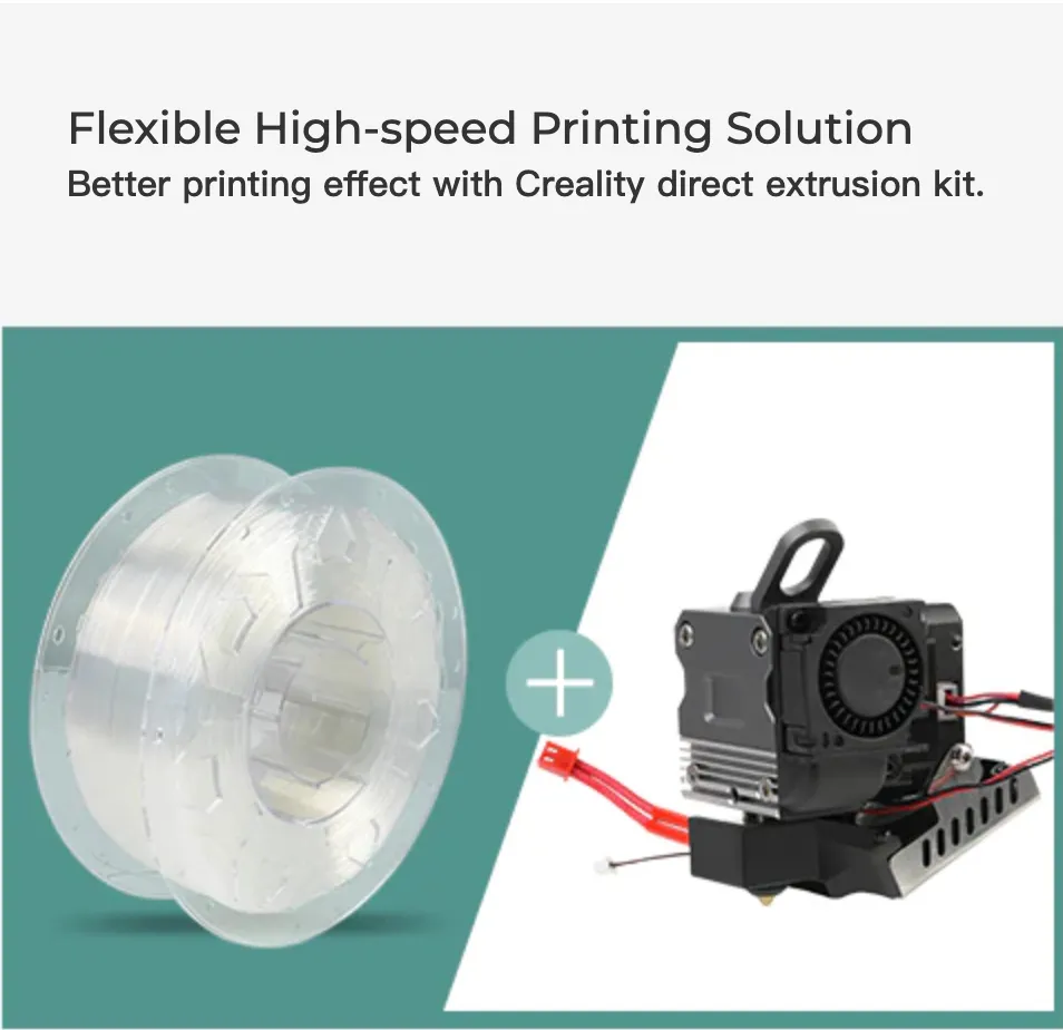 Creality CR TPU filament spool with direct extrusion kit showing flexible high speed printing solution setup