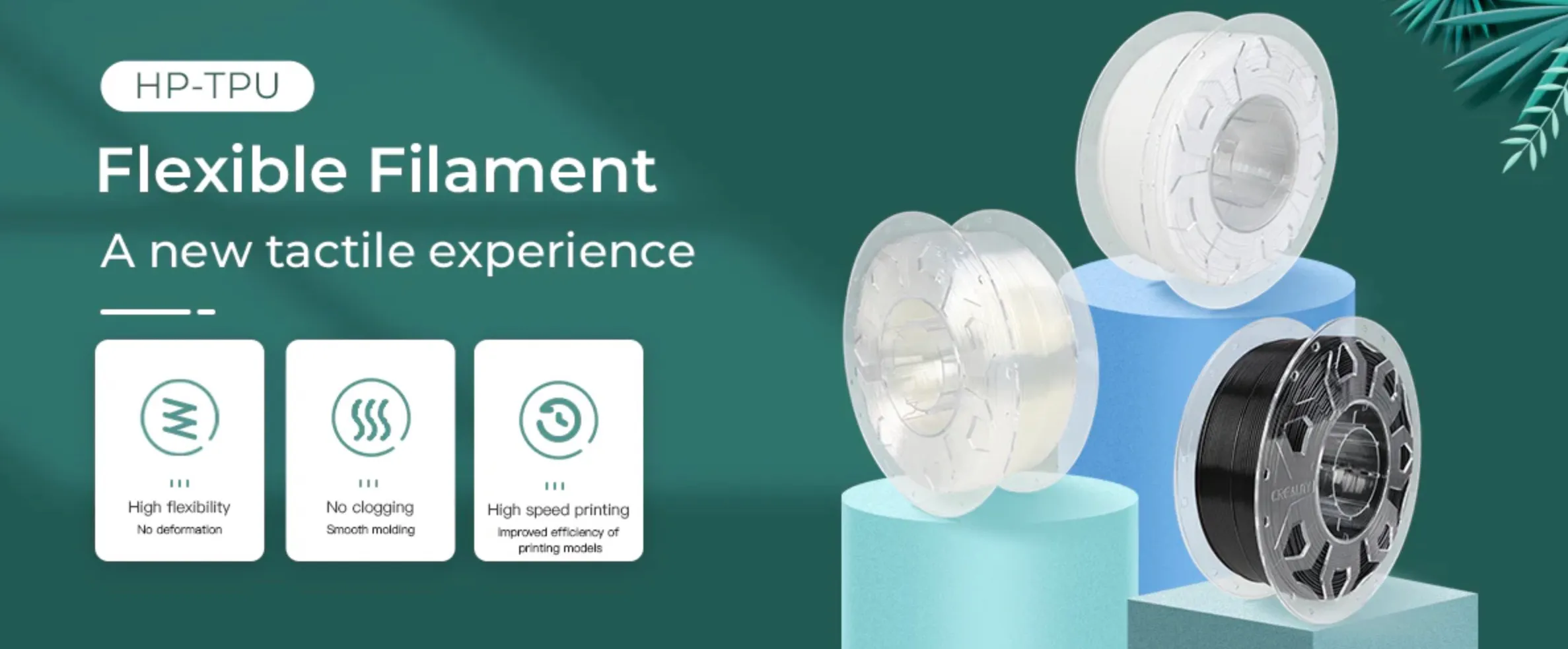 Creality CR TPU flexible filament spools displayed with text flexible filament and icons showing high flexibility no clogging and high speed printing