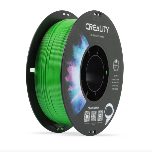 angled view of Creality CR TPU green filament spool showing smooth flexible filament winding