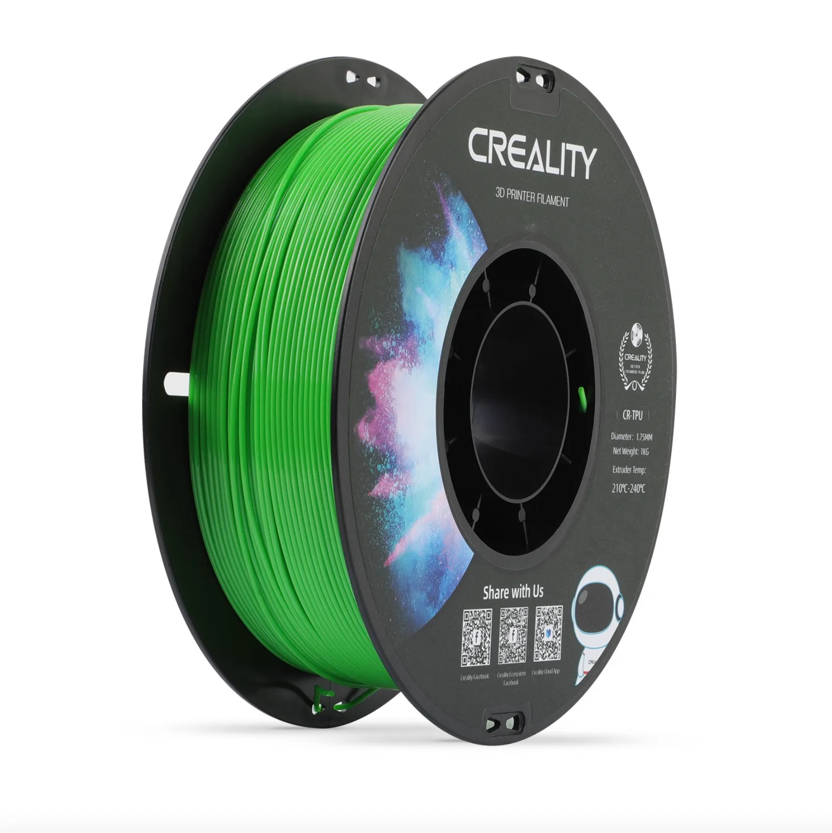 angled view of Creality CR TPU green filament spool showing smooth flexible filament winding