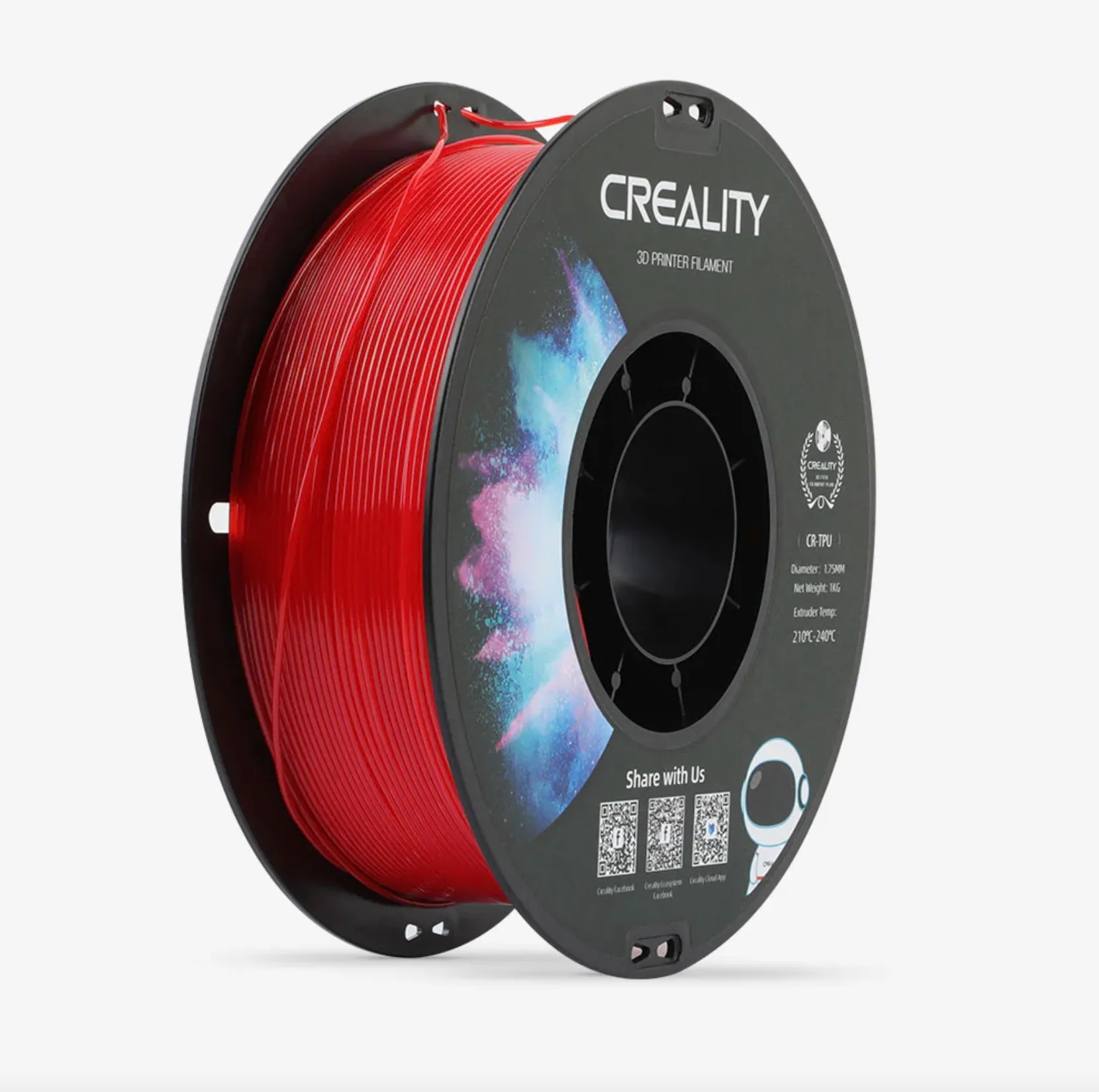 angled view of Creality CR TPU red filament spool showing tightly wound filament and spool structure