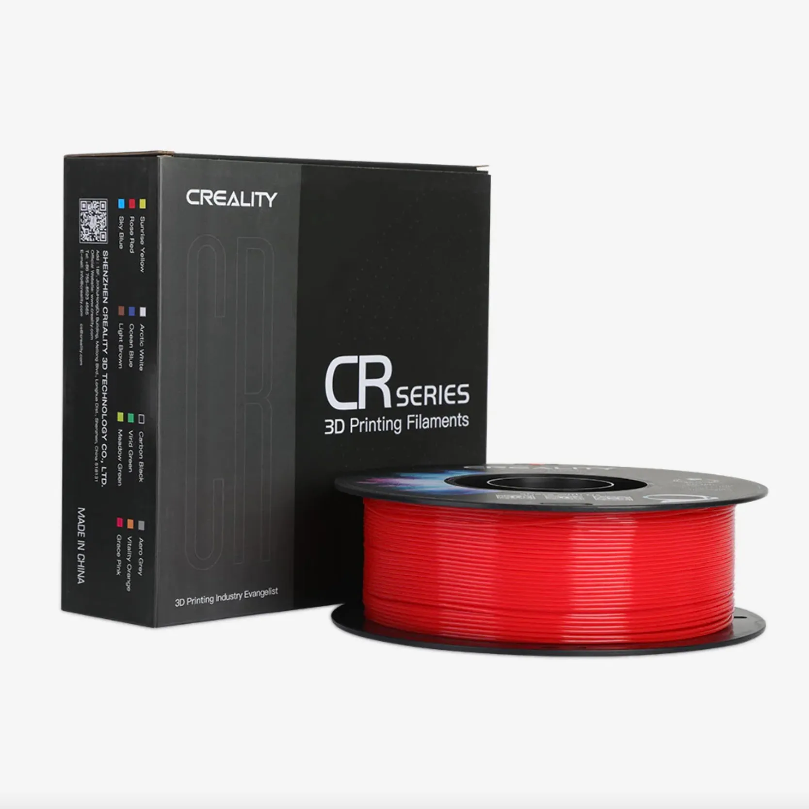 Creality CR TPU red filament spool with CR series packaging box showing 3D printing filament branding