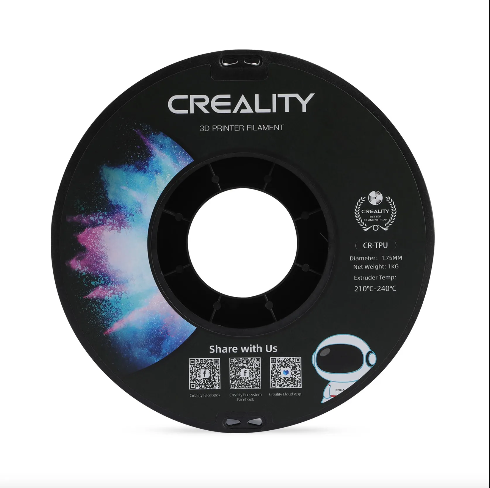 front label of Creality CR TPU red filament spool showing diameter 1.75mm net weight 1kg and extrusion temperature