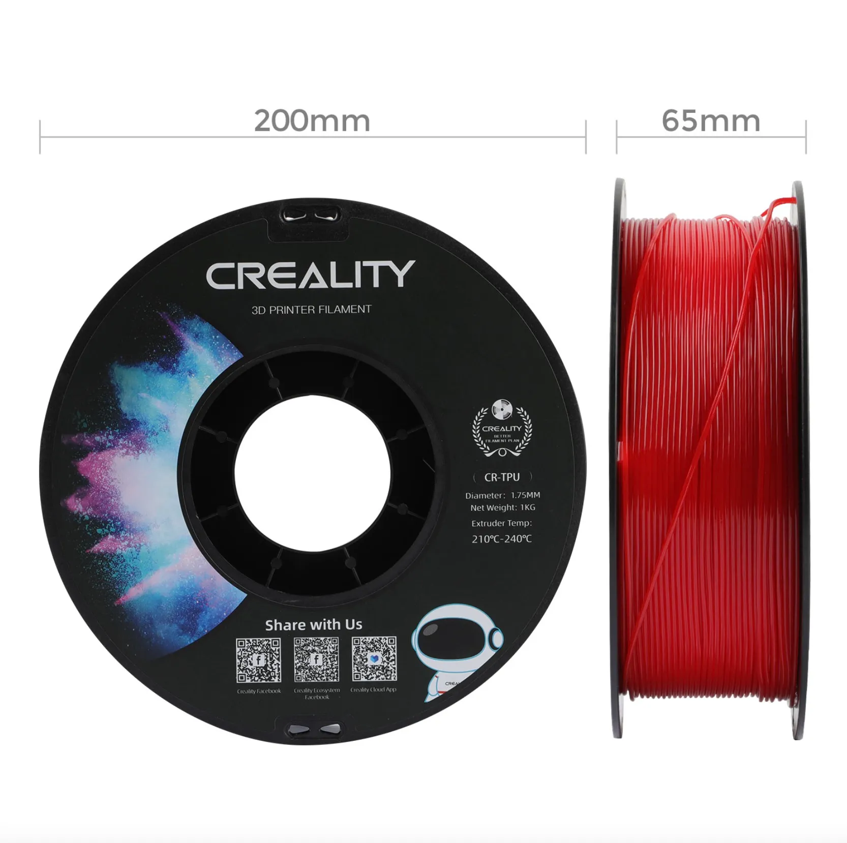 Creality CR TPU red filament spool with size dimensions 200mm diameter and 65mm width front and side view