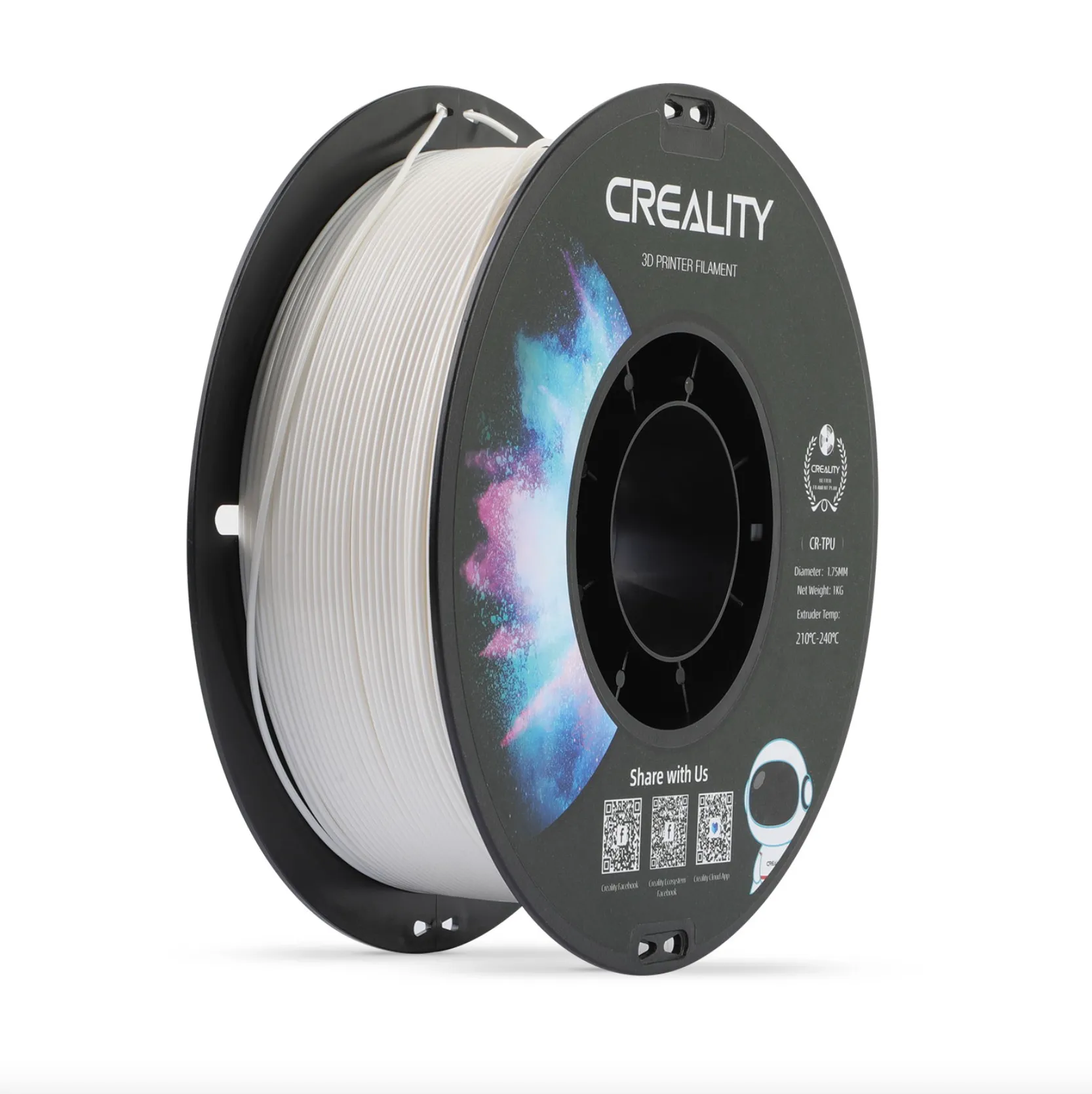 angled view of Creality CR TPU white filament spool showing smooth flexible filament winding