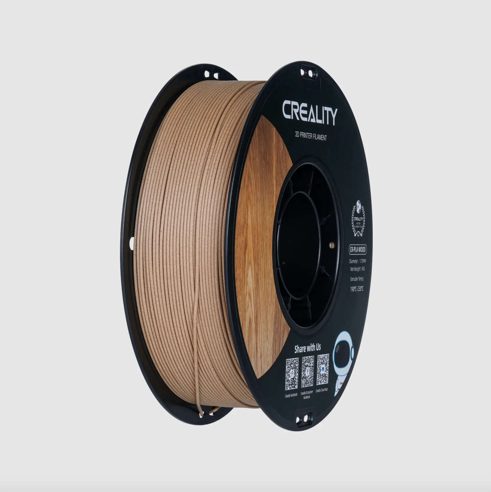 angled view of Creality CR-Wood PLA filament spool showing wood color filament winding